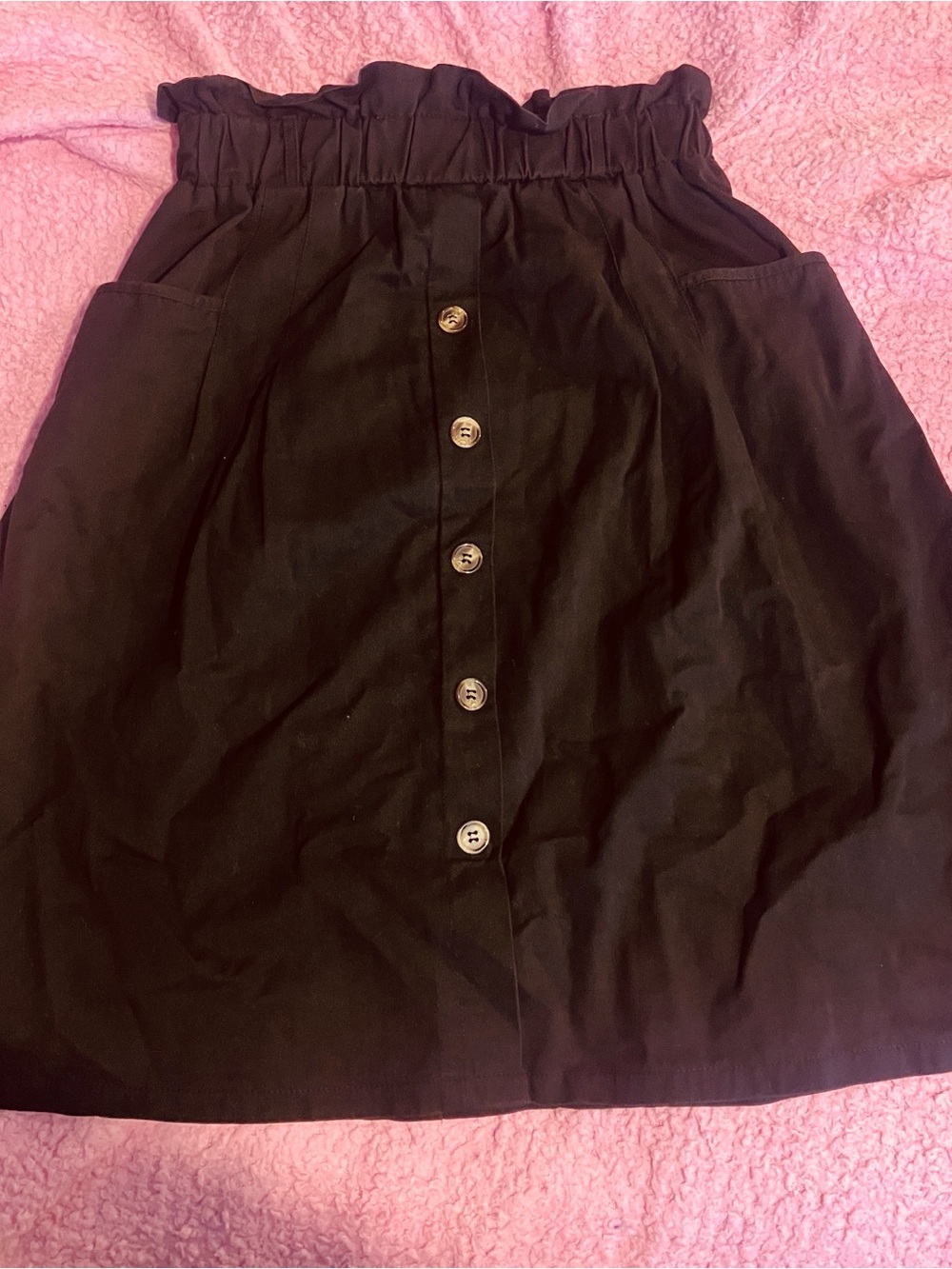 Black Button-Front Paperbag Waist Skirt